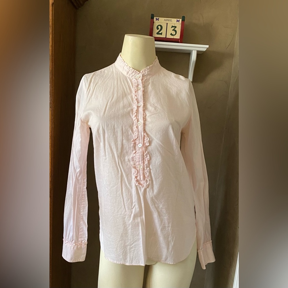 J.Crew pink long sleeve henley ruffle neck pullover blouse Women’s size XS